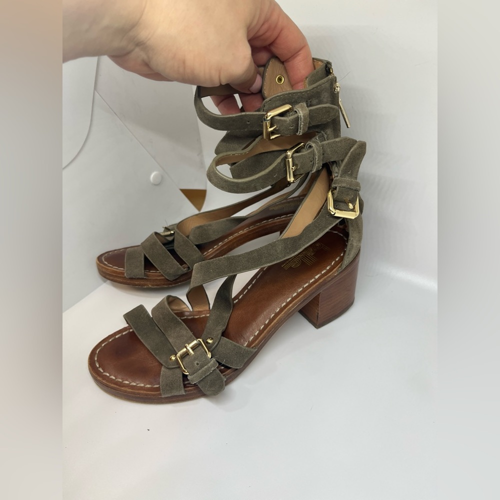BELLE Sigerson Morrison Gray Suede Strappy Block Heel Sandals sz 7.5 - Picture 3 of 12